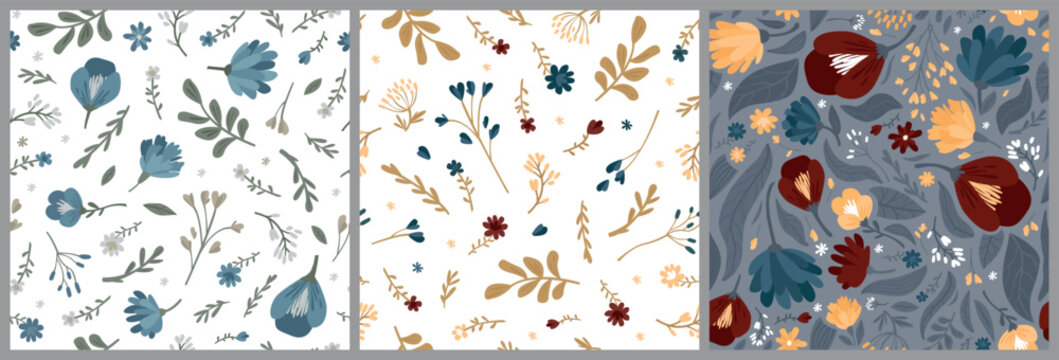 Set of vector seamless patterns of flowers and leaves. Simple modern illustration for trendy fabrics, wallpapers, wrapping paper, linens.