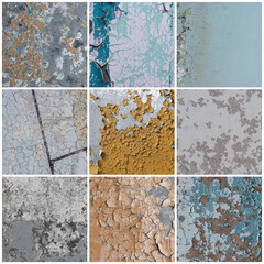 Set of peeling paint textures. Old concrete walls with cracked flaking paint. Weathered rough painted surfaces with patterns of cracks and peeling. Collection of grunge backgrounds for design.