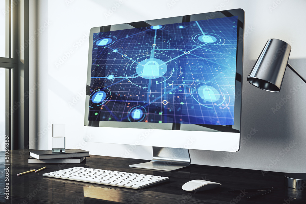 Poster computer monitor with creative light lock illustration and microcircuit, cyber security concept. 3d 