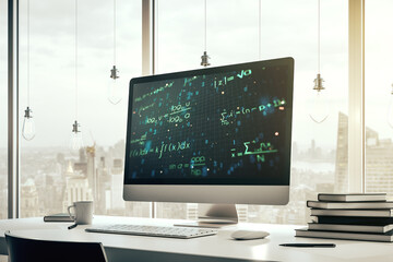 Modern computer monitor with creative scientific formula concept, research and development concept. 3D Rendering