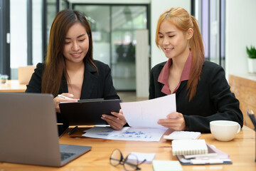 Portrait of an Asian businesswoman consulting, start up a marketing plan to meet the needs of customers in office room.