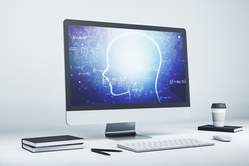 Creative artificial Intelligence concept with human head hologram on modern laptop screen. 3D Rendering