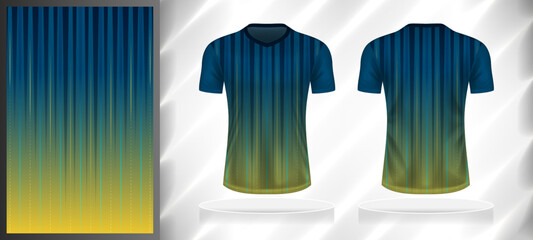 Vector sport pattern design template for V-neck T-shirt front and back with short sleeve view mockup. Dark and light shades of blue-yellow color gradient straight line texture background illustration. © WK Dannait B