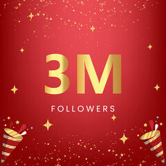 Thank you 3M or 3 million followers with gold bokeh and star isolated on red background. Premium design for social media story, social sites posts, greeting card, social networks, poster, banner.