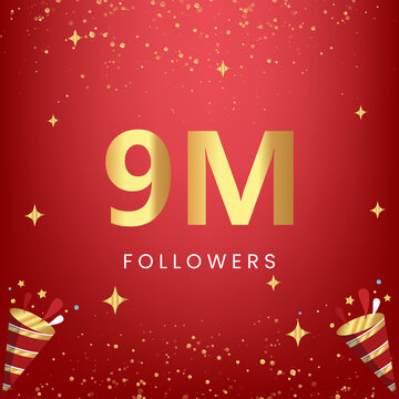 Thank you 9M or 9 million followers with gold bokeh and star isolated on red background. Premium design for social media story, social sites posts, greeting card, social networks, poster, banner.