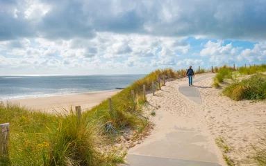 Fotobehang Noordzee, Nederland Groene met gras begroeide duinen langs een zandstrand en een zee onder een blauwe lucht in fel zonlicht in de zomer, Walcheren, Zeeland, Nederland, juli 2022
