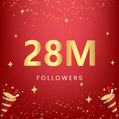 Thank you 28M or 28 million followers with gold bokeh and star isolated on red background. Premium design for social media story, social sites posts, greeting card, social networks, poster, banner.