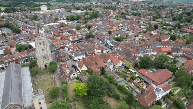 Beccles Bell Tower and St Michael's Church, Suffolk UK drone aerial view