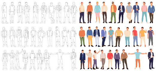 men set on white background in flat style, isolated, vector