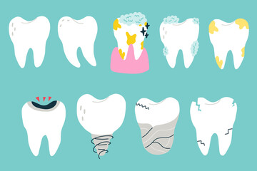 Сollection of white teeth in various states. Isolated clipart in doodle, cartoon, flat style on blue background
