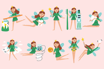 Big collection of fairy tooth fairy characters. Magic Fantasy Character Design in isolated clipart in doodle, cartoon, flat style on pink background