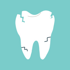 Cracked tooth. Isolated clipart in doodle, cartoon, flat style on blue background