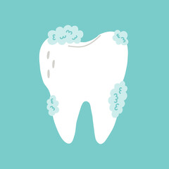 White tooth in foam. Isolated clipart in doodle, cartoon, flat style on blue background