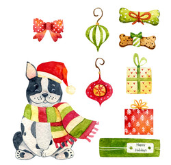 Watercolor Christmas dog illustration. Hand-drawn cute puppy graphics. Cute baby animals, pet friendly. Christmas decoration. Winter holiday graphics. French bulldog illustration.