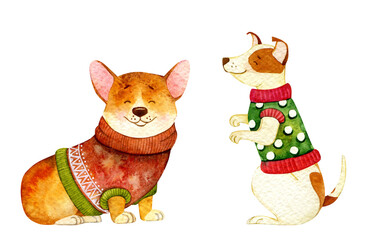 Watercolor Christmas dog illustration. Hand-drawn cute puppy graphics. Cute baby animals, pet friendly. Christmas decoration. Winter holiday graphics. Corgi dog, Jack Russell terrier illustration