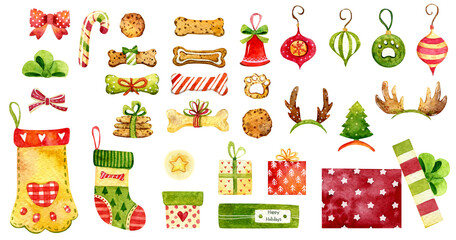 Watercolor Christmas dog illustration. Hand-drawn cute puppy gifts. Cute baby animals, pet friendly. Christmas decoration. Winter holiday graphics