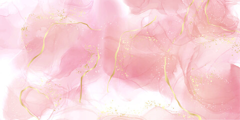 Rose pink liquid watercolor background with golden lines. Royal elegant blush marble alcohol ink drawing effect. Bridal vector illustration for wedding invitation, menu, rsvp design