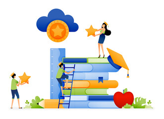 Design of students race up ladder of achievement for educational scholarships and tries to catch dream stars. Illustration for landing page website poster mobile apps web social media brochure ads etc