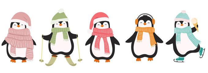Set of cute christmas penguins isolated on white background. Vector illustration in flat cartoon style for greeting cards, season greetings, web, wrapping papper end other design. © Nataliia Pyzhova