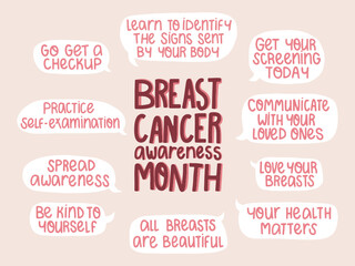 Breast cancer awareness month, handwritten medical Infograph illustration lettering, inspiring phrases, for disease prevention campaign, flat vector illustration