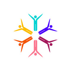 Multicolored people team standing in circle together with raised hands. Flat vector illustration isolated on white background.