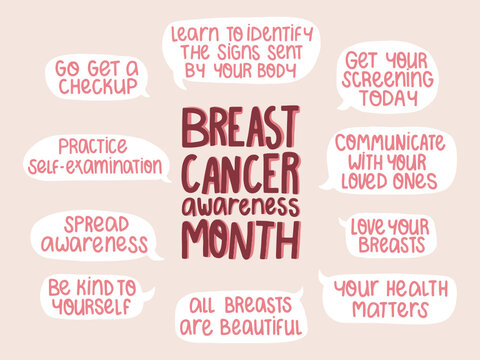 Breast cancer awareness month, handwritten medical Infograph illustration lettering, inspiring phrases, for disease prevention campaign, flat vector illustration