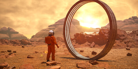 Astronaut on an alien planet walking through the portal, 3d render  © Василь Чейпеш