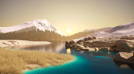 Fototapeta na wymiar Sunset over mountains. Nature landscape, 3d render