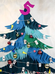 Christmas tree made of fabric, made with your own hands. The Christmas figure is decorated with numbers and geometric shapes. the design of the new year in the style of mathematics and geometry.