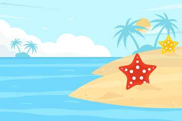 Fototapeta na wymiar Tropical island with palm trees and starfish. Vector flat design illustration. 