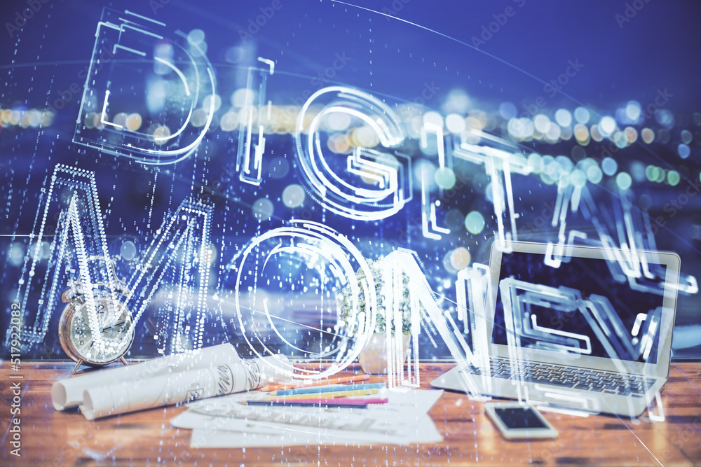 Poster Double exposure of blockchain and crypto economy theme hologram and table with computer background. Concept of bitcoin cryptocurrency.