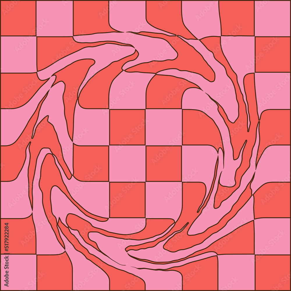 Poster trippy hippie background with checkered waves. abstract optical illusion. pattern with round wavy di