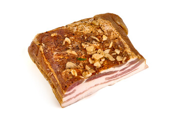 Smoked Bacon, dry cured and air dried, pork belly, isolated on white background.
