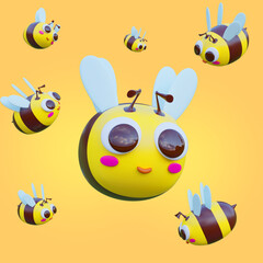 Naklejka premium swarm of bees cute yellow and black with big eyes flying on yellow background Designed with a 3D blender program.