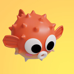 Orange and white puffer fish with big round eyes on yellow  background. Design with a 3D blender program. © Thanakorn