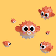 Naklejka premium Five orange-white puffer fish with big eyes swimming on an orange background. Designed with a 3D blender program.