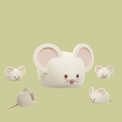 One white mouse and several cute mice. on a gray background Designed with a 3D blender program.