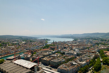 Aerial view of cityscape of City of Zürich with railway station, Limmat River and Lake Zurich on a sunny summer day. Photo taken June 20th, 2022, Zurich, Switzerland.
