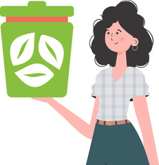 The girl is depicted waist-deep and holding an urn in her hands. The concept of recycling and zero waste. Isolated. Trendy character style. Vetcor.