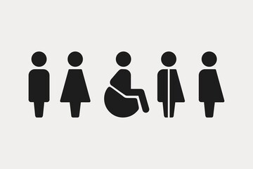 Vector black and white icons of navigation, toilet, wc, way finding. Signs on the door. Icons for the airport, office, cafe. Men, women, disabled people.