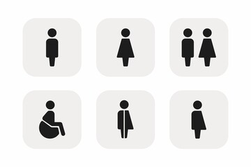 Set of six way finding linear vector icons. Plates on the door, the scheme of movement. Icons for the airport, office, cafe. Men, women, disabled people, toilet, way finding, wc. Icons with people.