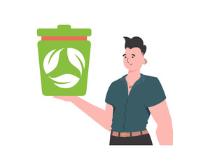 The man is depicted waist-deep and holding a trash can in his hand. The concept of ecology and recycling. Isolated. Trendy character style. Vetcor.
