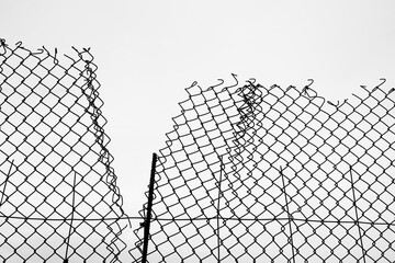 Torn metal wire mesh. Illustration of chain link fence with hole isolated on white background. Prison barrier, secured property. damage net fence isolated on white sky background. Mesh netting. - Powered by Adobe