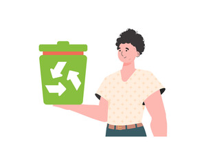 The guy is depicted to the waist and holds a trash can in his hand. The concept of recycling and zero waste. Isolated. Trendy character style. Vetcor.