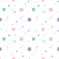 Seamless patterns for kids.  Cute pattern with stars and hearts for the children's clothing, design wall art, kid's products and room decor. Vector illustration.