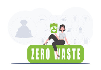 The girl sits and holds an urn in her hands. The concept of recycling and zero waste. Trendy character style. Vetcor.