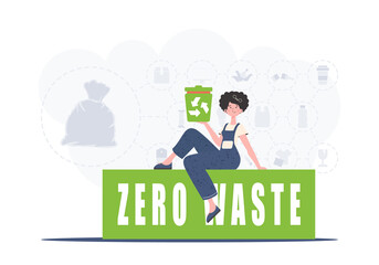The girl sits and holds a trash can in her hand. The concept of recycling and zero waste. Vector illustration Flat trendy style.