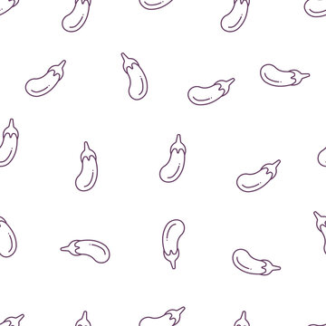 Eggplant line seamless pattern on white background. Simple pattern with purple eggplans