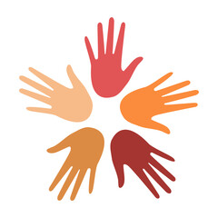 The hands of multiethnic people are arranged in a circle on a white background. Loving hands show support. Vector.