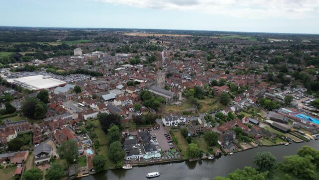 Beccles town in Suffolk UK high panning drone aerial view